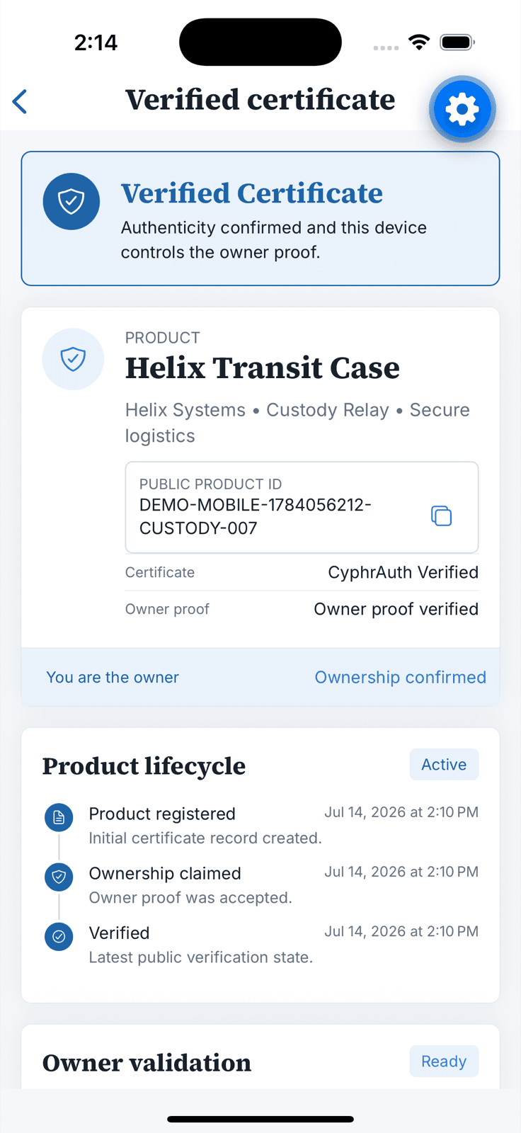 CyphrAuth mobile verified product certificate with owner proof