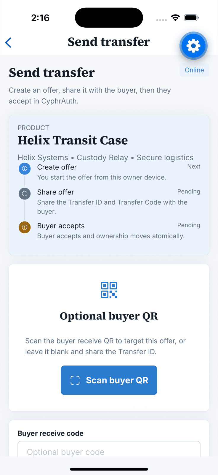 CyphrAuth mobile seller flow for creating and sharing a transfer offer